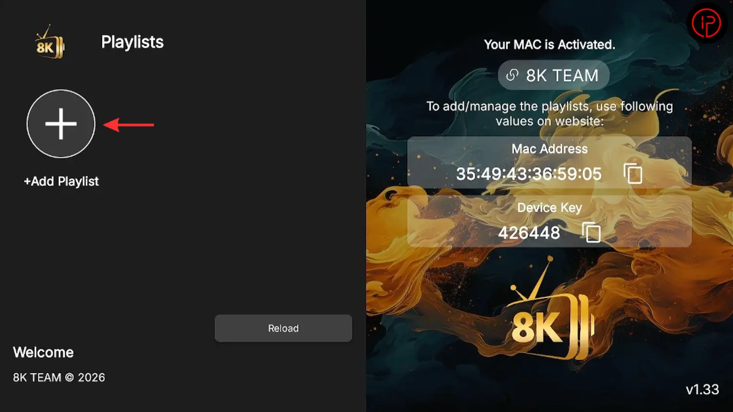 Open the 8K App app and press the Add Playlist button.
