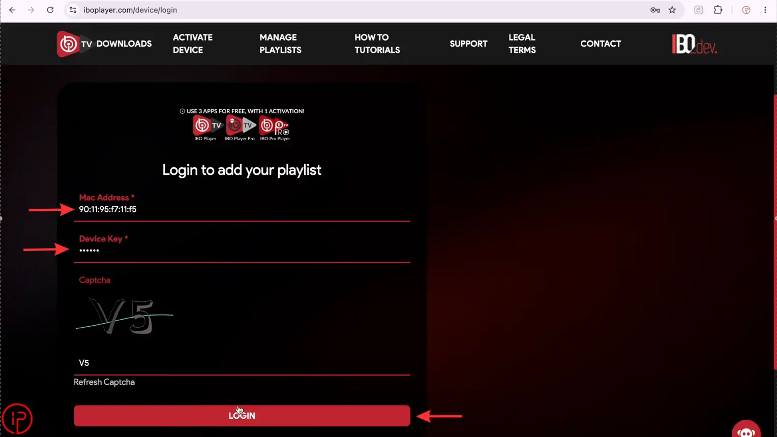 Enter your MAC Address, Device Key and complete the CAPTCHA then click Login