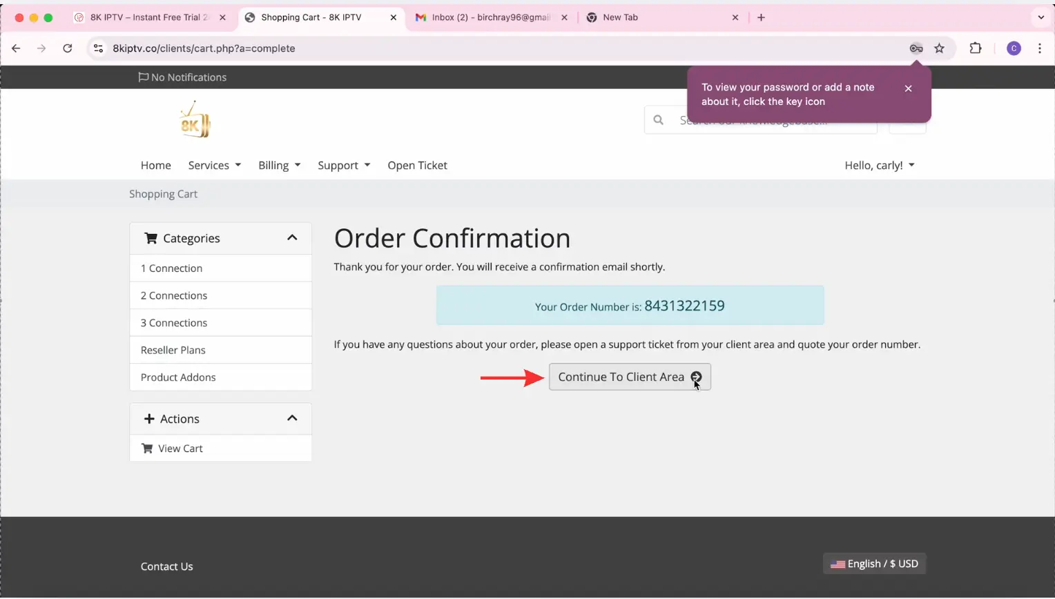Click Continue to Client Area.